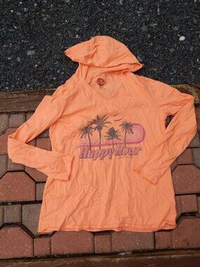 Life is Good Hooded Long Sleeve T Shirt Size Large HAPPY HOUR